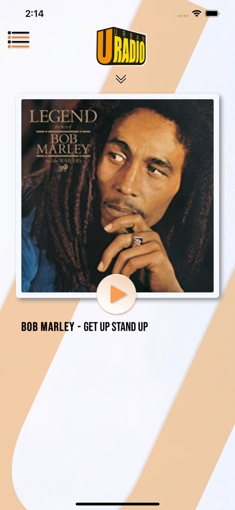 U Radio - Interface du lecteur de musique de l'application U Radio jouant Get Up Stand Up de Bob Marley