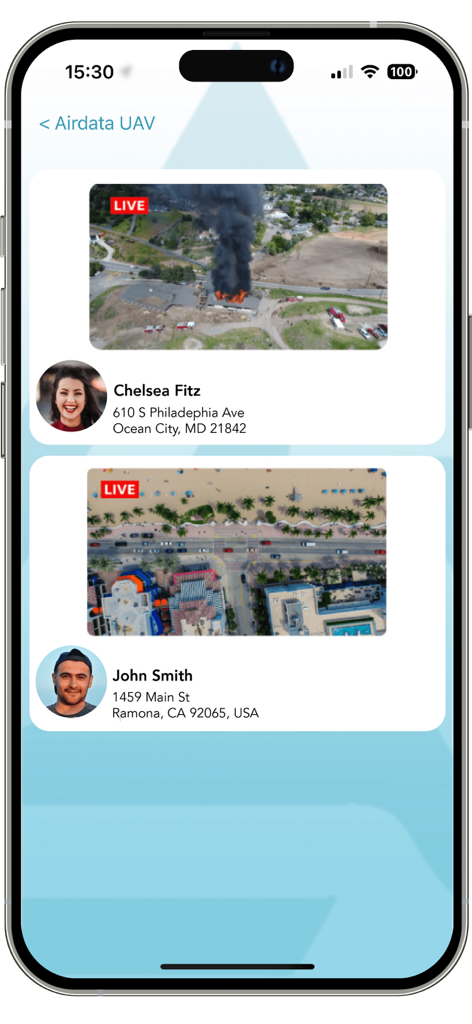 Airdata UAV mobile interface showing multiple live drone video feeds and pilot information
