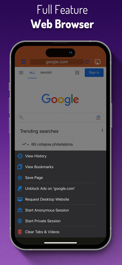 Cast Web Videos to Roku TV - Captura de pantalla del navegador web de funciones completas en la aplicación Cast Web Videos to Roku TV que muestra el bloqueador de anuncios y las opciones de sesión privada
