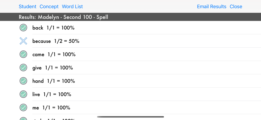 Fun Sight Words - A student progress report in the Fun Sight Words app showing spelling test results and accuracy percentages for individual sight words.