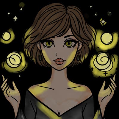 a woman with magic around her and short hair