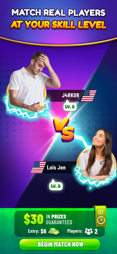 A 1v1 competitive matchmaking screen in Solitaire Real Cash showing two players and a 30 dollar cash prize pool.