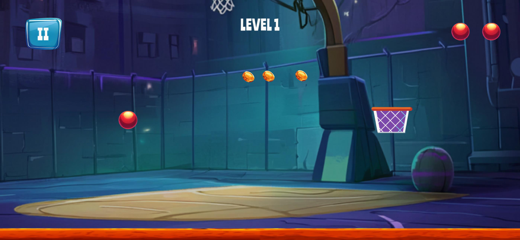 Basket Loot - Basket Loot gameplay showing level 1 with a basketball hoop and floating coins on a night court