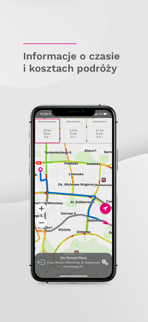 Interfaz de la aplicación Nawigacja T-Mobile que muestra rutas de viaje recomendadas y alternativas con tiempo y distancia estimados en un mapa de ciudad.