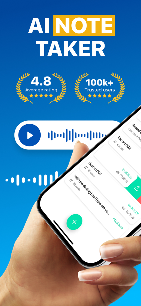 Interfaz de la aplicación AI Voice Note Taker en un smartphone mostrando altas calificaciones de usuario y una lista de notas de voz grabadas