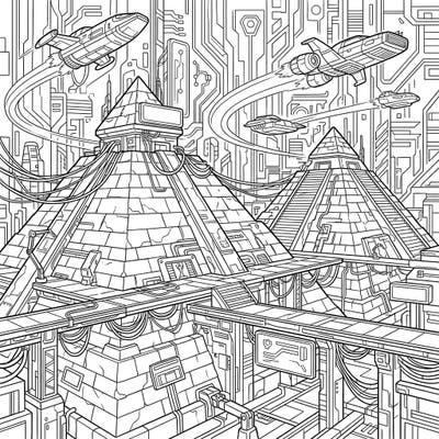 Explore a stunning fusion of history and future with this Red Pyramids Cyberpunk coloring page. Immerse yourself in a world where ancient structures are reimagined amidst a high-tech, neon-infused cityscape, complete with flying vehicles and intricate circuits.