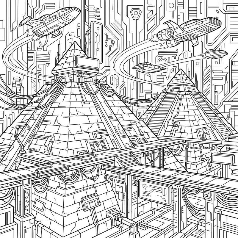 Explore a stunning fusion of history and future with this Red Pyramids Cyberpunk coloring page. Immerse yourself in a world where ancient structures are reimagined amidst a high-tech, neon-infused cityscape, complete with flying vehicles and intricate circuits.