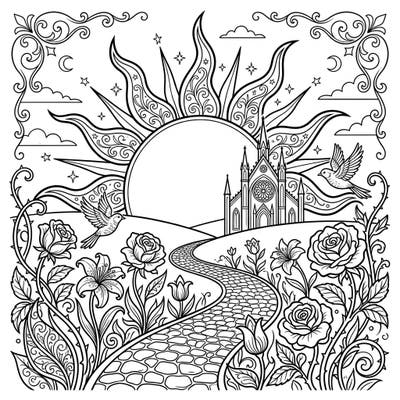 Unveil the melancholic beauty of a Gothic spring sunrise with this intricate coloring page. Featuring a grand cathedral, blossoming flora, and ornate details, it's a unique blend of renewal and mystery.