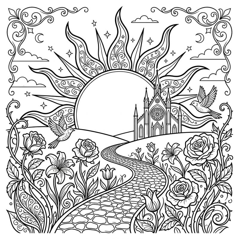 Unveil the melancholic beauty of a Gothic spring sunrise with this intricate coloring page. Featuring a grand cathedral, blossoming flora, and ornate details, it's a unique blend of renewal and mystery.