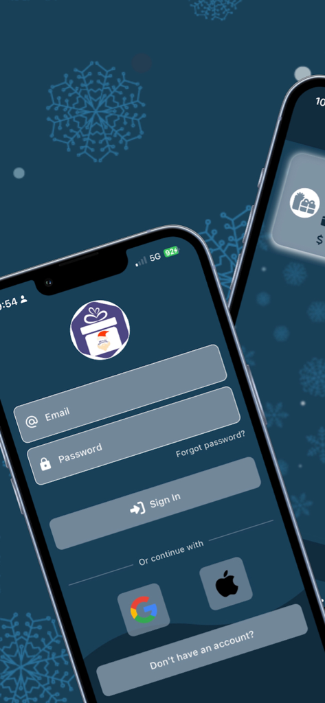 Invisible Friend - Sign in screen for the Invisible Friend gift exchange app showing login options for email, Google, and Apple.