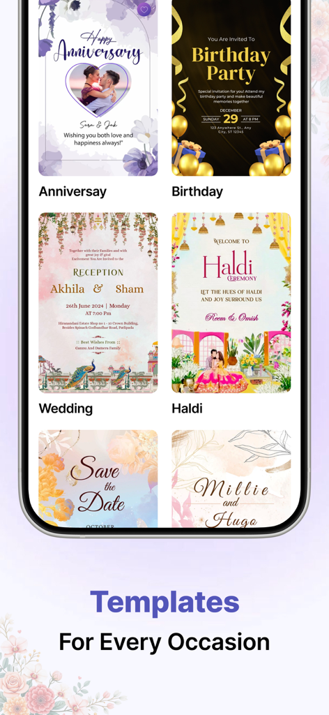 Invitation Card & Design Maker - Une sélection de modèles de cartes d'invitation pour les anniversaires, mariages, et autres occasions.