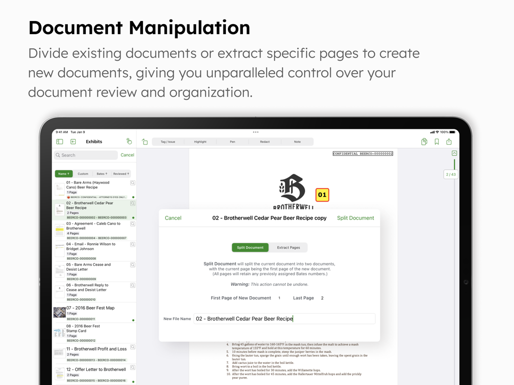 DocReviewPad - Review Docs - DocReviewPad interface showing document manipulation tools to split or extract pages on an iPad