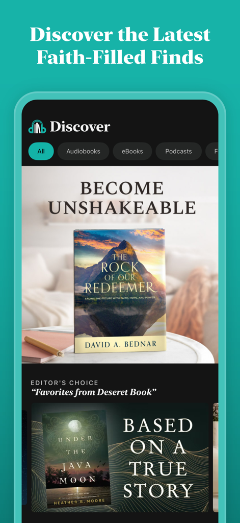 The discovery screen of the Deseret Bookshelf app featuring faith-filled book recommendations like The Rock of Our Redeemer.