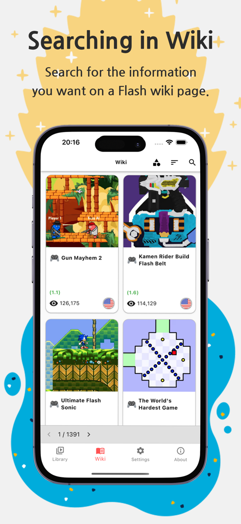 Captura de tela do aplicativo FlashArch Player da página de busca da wiki mostrando jogos Flash clássicos como Sonic e Gun Mayhem 2.