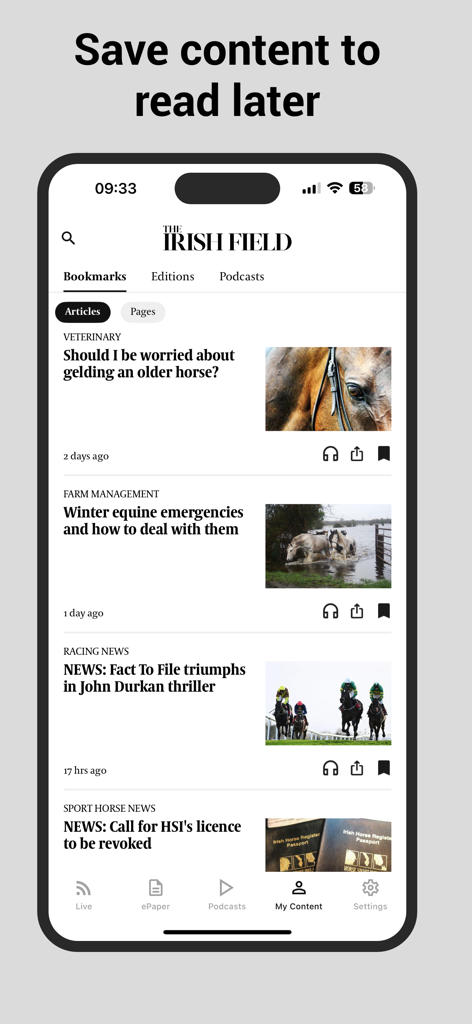 O aplicativo The Irish Field Live mostrando artigos equestres marcados para leitura offline