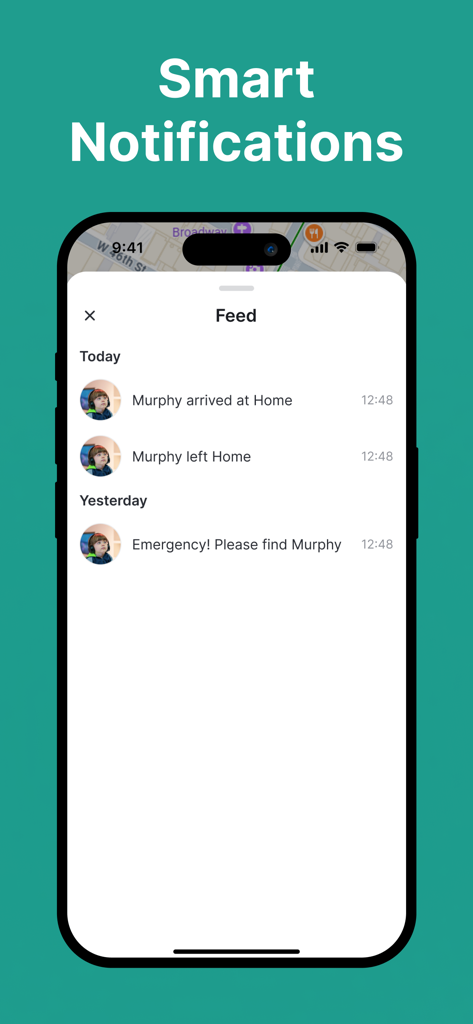 Fime: Phone Tracker GPS Locate - A smartphone screen displaying the Fime app notification feed with location alerts such as arriving at home and emergency notifications.