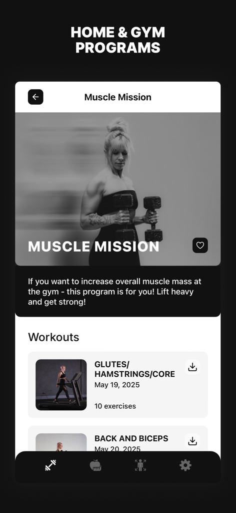 One Fitness App - Schermata dell'app One Fitness che mostra il programma di allenamento in palestra "Muscle Mission" e specifiche routine di allenamento.