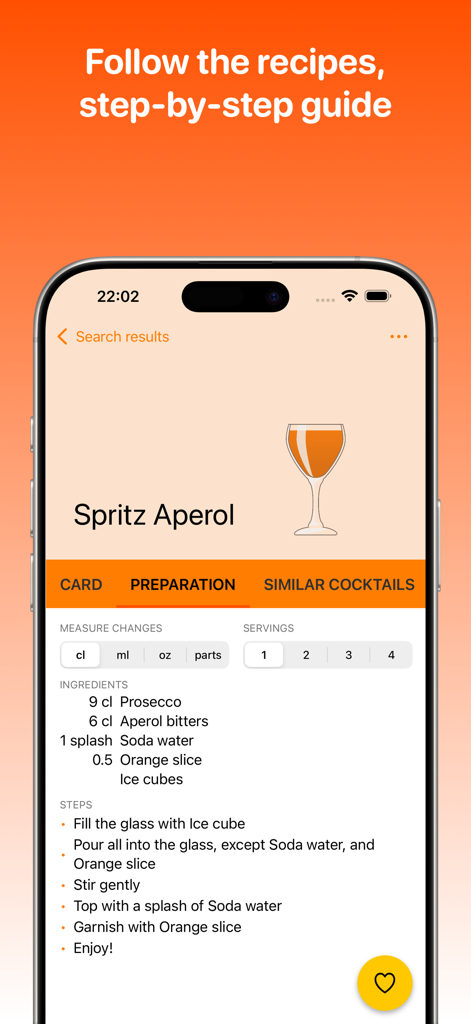 Cocktail Zone - Step by step recipe instructions for a Spritz Aperol cocktail on a mobile interface