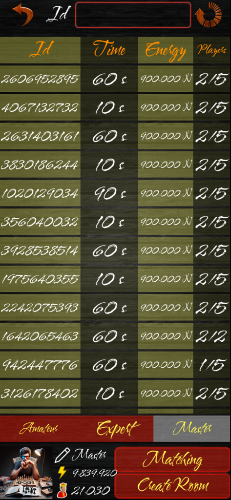 Lobby screen of Chinese Chess Xiangqi Online showing a list of available game rooms with IDs time limits and player counts