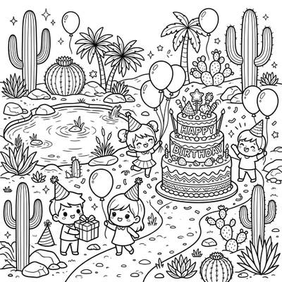 Step into a whimsical desert oasis where a vibrant birthday party is in full swing! This charming coloring page blends adorable chibi characters with the unique beauty of desert flora, promising hours of creative fun.