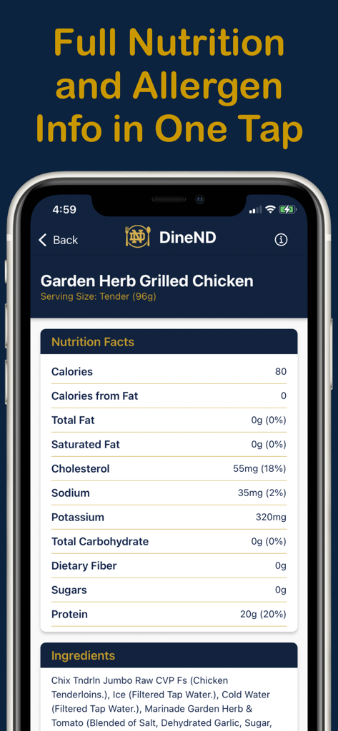 DineND - DineND app screen displaying full nutrition facts and ingredients for Garden Herb Grilled Chicken