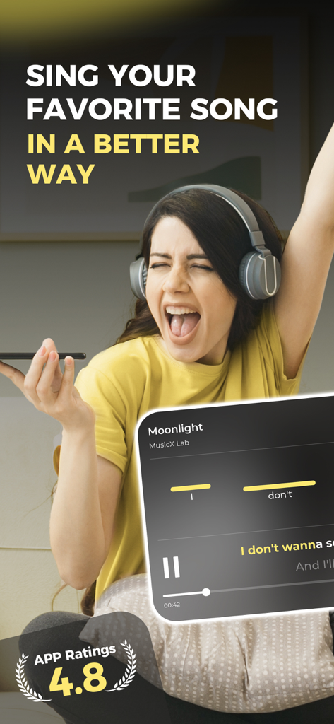 EasySing by StarMaker - A woman wearing headphones singing into her smartphone with the EasySing app interface showing pitch tracking for the song Moonlight.