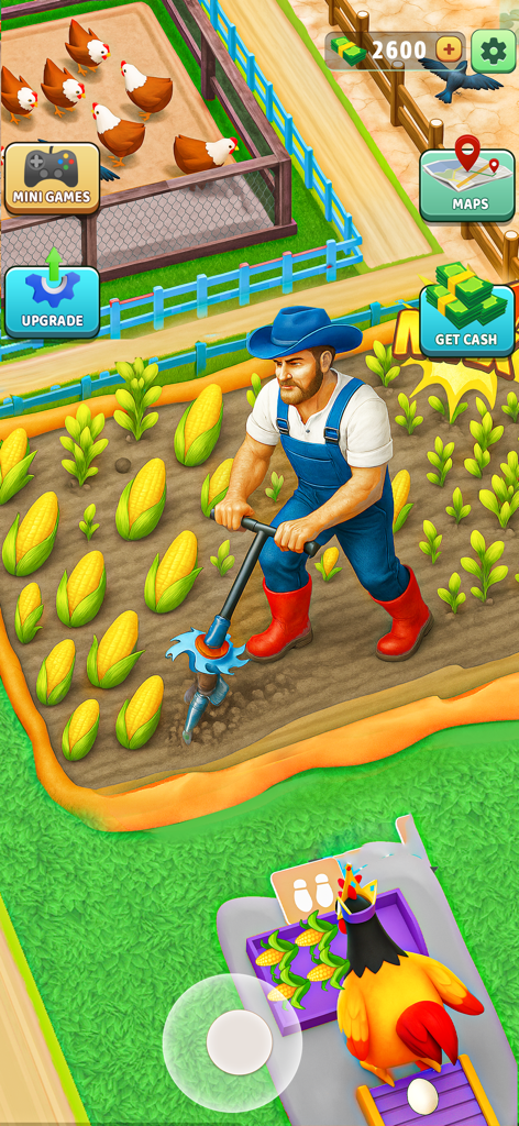 Farm Valley Farming Simulator - A farmer tilling a cornfield next to a chicken coop in Farm Valley Farming Simulator