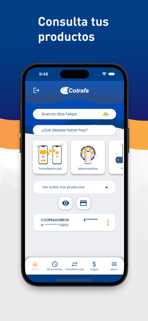 Interfaz móvil de Cotrafa App mostrando el saldo de ahorros y botones de acceso rápido para transferencias y movimientos.