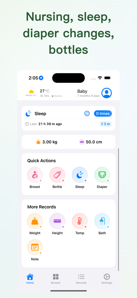 Painel do aplicativo Baby Memos com botões de ação rápida para rastrear amamentação, sono e trocas de fraldas.