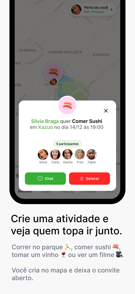 Boora - Interfaz de la aplicación Boora que muestra un mapa con una ventana emergente de actividad grupal de sushi y perfiles de participantes.