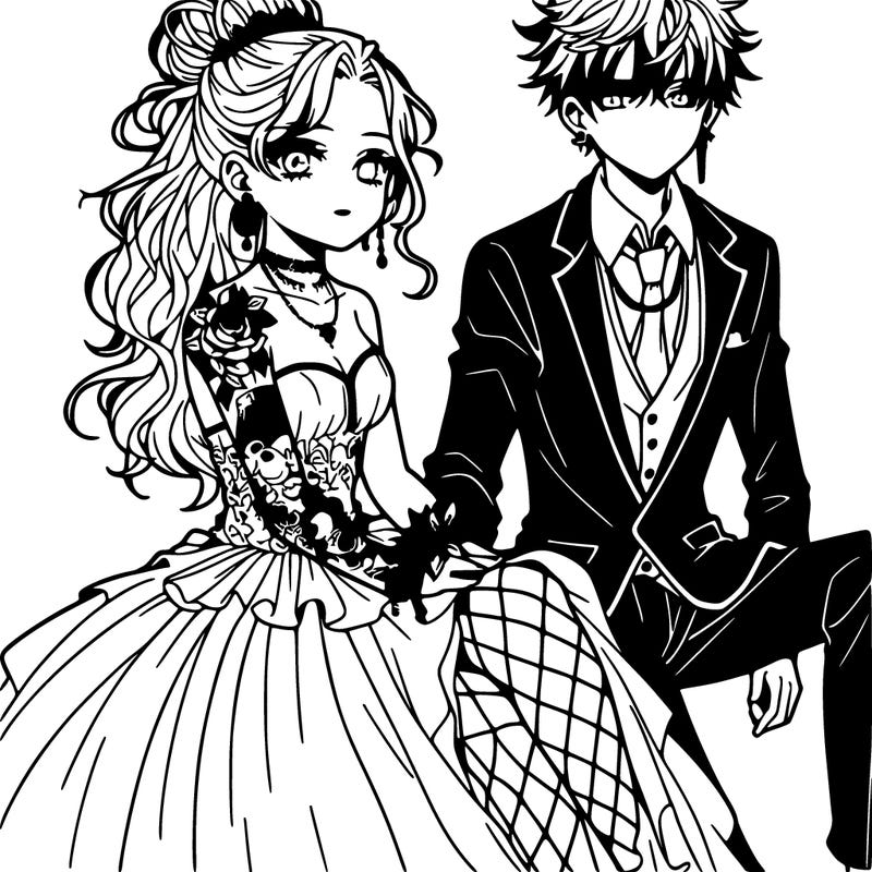 anime boy and girl both teens at prom. the girl had a nice fancy long dress wearing tights half her hair up in a bun and the rest down earings and nose piercings and a flower tatto on her shoulder (their both sitting) the boy is holding her hand and has nessy hair wearing a suit and has a nose piercing!