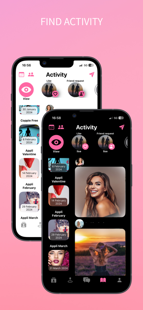 Two mobile phone screens displaying the SwingApp activity feed with lifestyle events and social interactions in light and dark modes