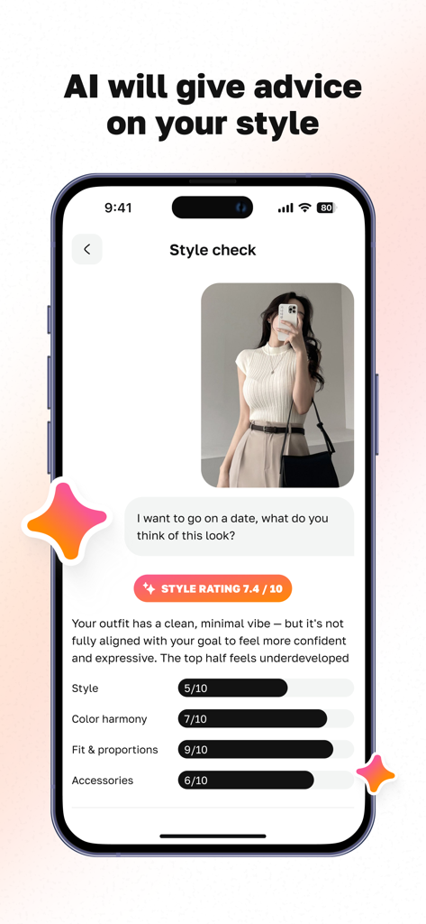 Beauty AI: Outfit & Closet - Beauty AI app interface showing an AI style check with rating scores for an outfit including color harmony and proportions