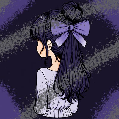 realistic girl  with hip length hair a bun and a big bow on the back of head