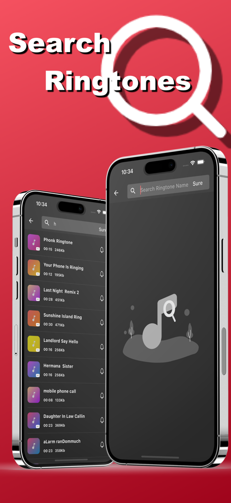 Search interface of the Maker Ringtones for iPhone app showing a list of custom ringtones to download
