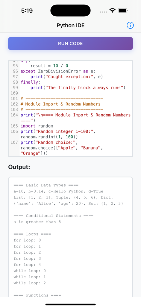 Python IDE - Python IDE mobile app interface showing a code editor with syntax highlighting and an output console.