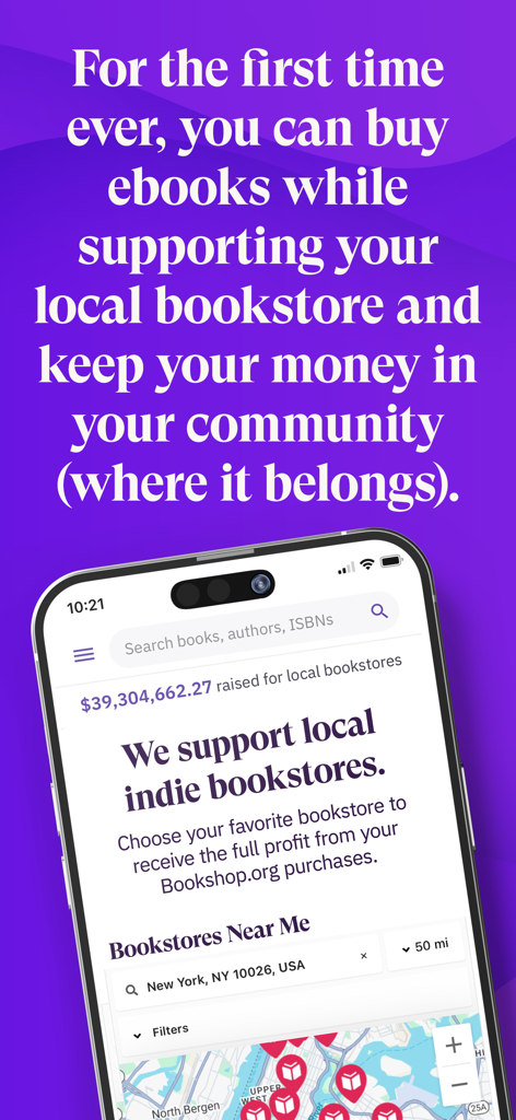 Bookshop.org Ebooks - Promotional screenshot of the Bookshop.org Ebooks app showing text about supporting local bookstores and an in-app map to find indie shops.