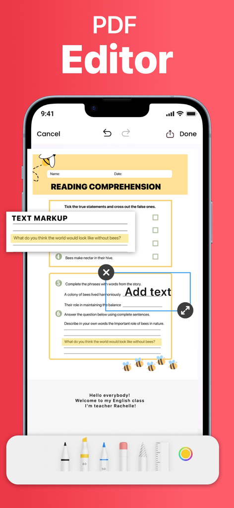 PDF AI: Reader & Translator - PDF AI App-Oberfläche auf dem iPhone, die Text-Markup- und Editor-Tools auf einem Dokument zeigt