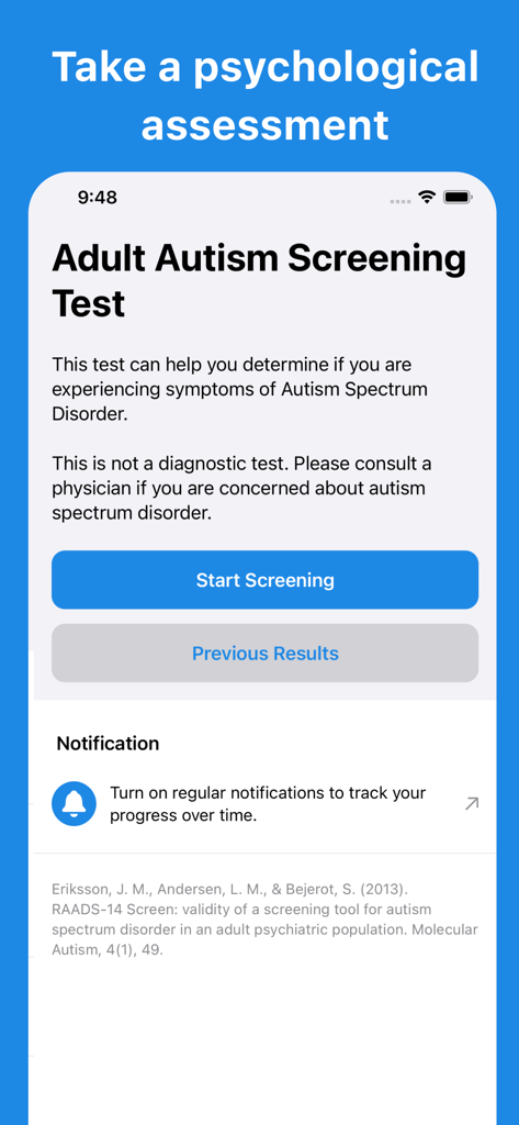 The home screen of the Adult Autism Screening Test mobile application showing the start screening button.