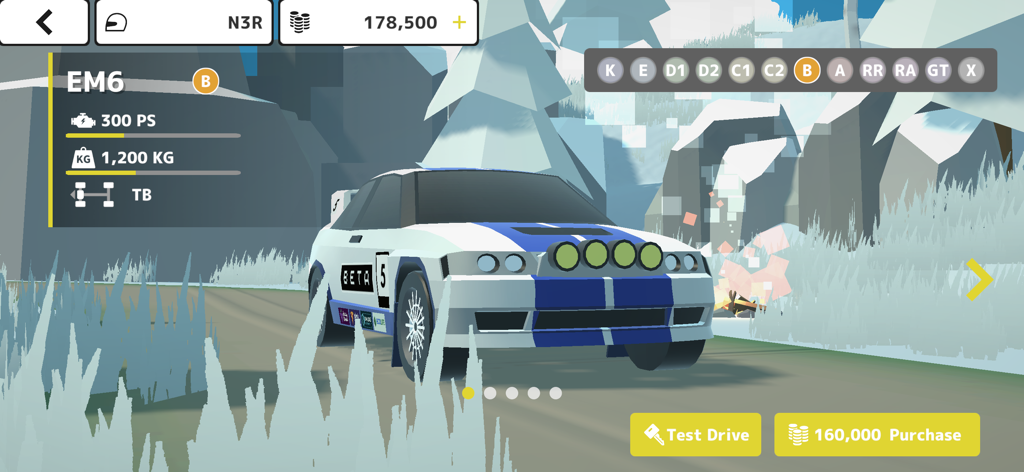 N3Rally - Car selection screen in N3Rally showing a white and blue rally car with its technical specifications and purchase options