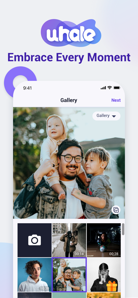 Uhale App-Oberfläche, die eine Galerie von Familienfotos und Videos zeigt, die zum Teilen bereit sind