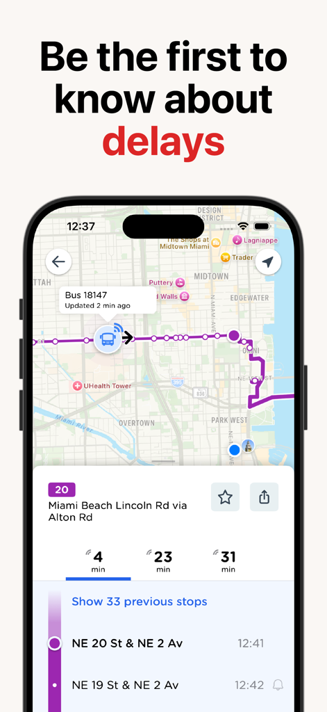 Atlanta Transit mobile app screen displaying a live map with real-time bus tracking and upcoming arrival times