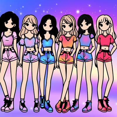 a group of girls wearing crop tops and shorts