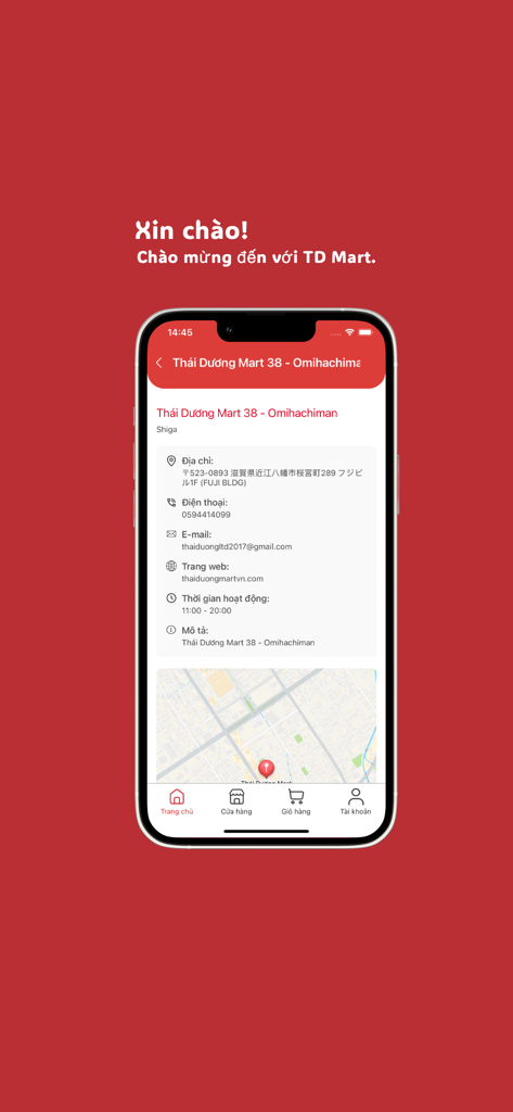Thai Duong Mart - Mobile app screen showing the store location and contact information for Thai Duong Mart.