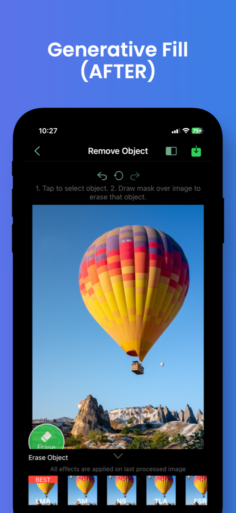 remove watermark erase objects - Écran d'iPhone montrant la fonctionnalité de remplissage génératif de l'application de suppression de filigranes et d'objets sur une photo de montgolfière