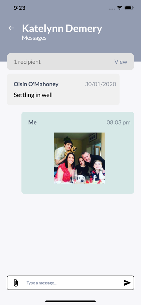 Messaging interface in the Little Vista Family app showing a conversation with a childcare provider and a shared photo