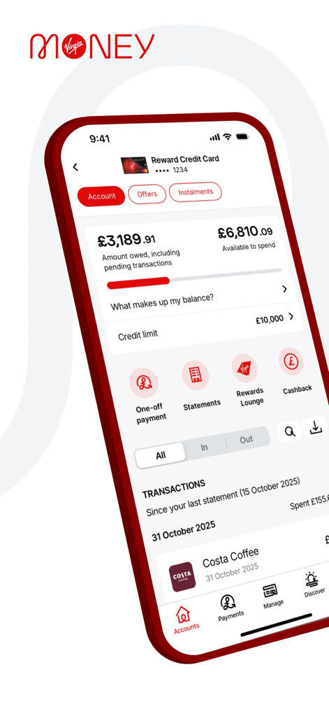 Painel do aplicativo Cartão de Crédito Virgin Money mostrando saldo da conta e transações recentes