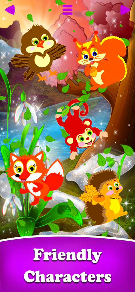 Colorful friendly cartoon animal characters in a forest for toddlers and kids