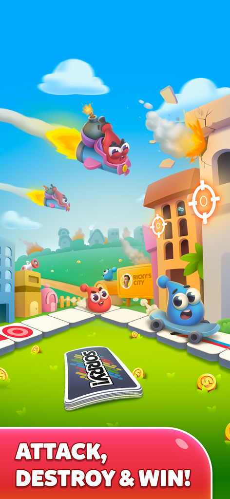 「ソーリー！ワールド」の活気あるゲームプレイ画面、コマがボードゲーム盤と「ソーリー！」カードの隣にある都市の建物にロケットを発射している様子