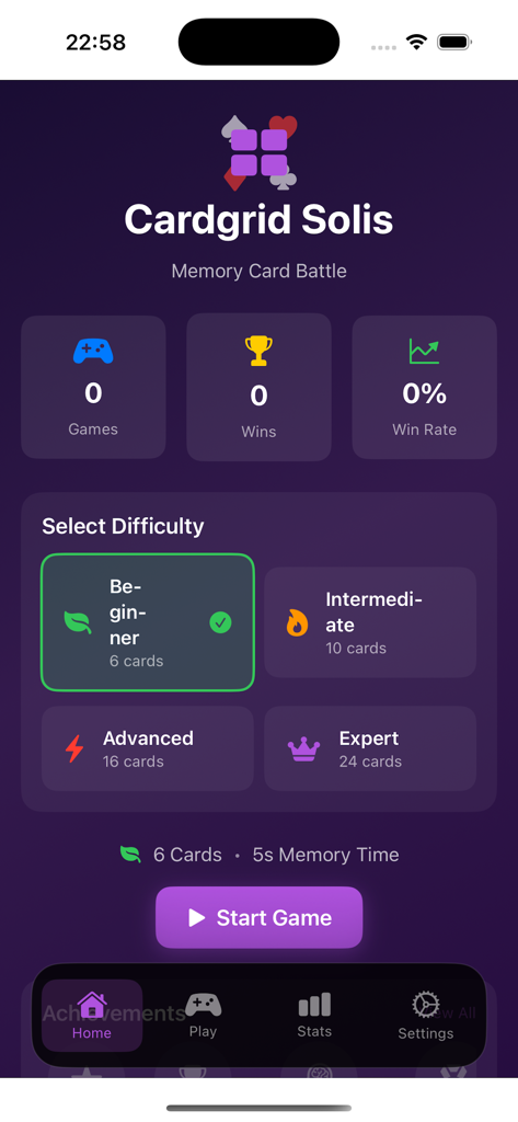 CardgridSolis - Home screen of Cardgrid Solis app showing game stats and difficulty selection for beginner intermediate advanced and expert levels